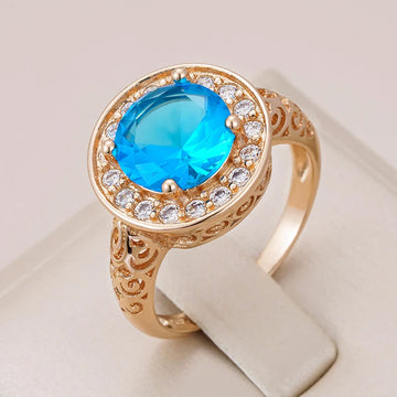 New Fashion Ethnic Hollow Flower Design Rolled 14K Rose Gold Big Blue AAA Zircon Diamonds Ring - Fine Jewellery